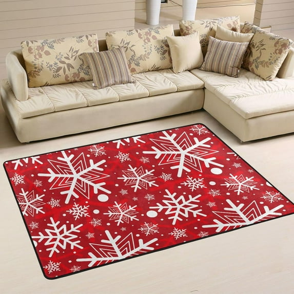 SKYSONIC 72x48in Winter Snowflakes Area Rug, Christmas Red Non-Slip Floor Carpet for Indoor Living Dining Room and Bedroom Area