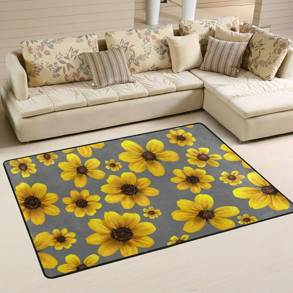 SKYSONIC 72x48in Yellow Wild Flowers Area Rug, Cute Floral Gray Non-Slip Floor Carpet for Indoor Living Dining Room and Bedroom Area