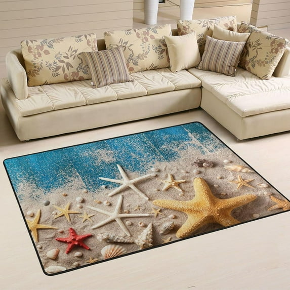 SKYSONIC 72x48in Beach Sand Starfish Area Rug, Blue Wooden Board Non-Slip Floor Carpet for Indoor Living Dining Room and Bedroom Area