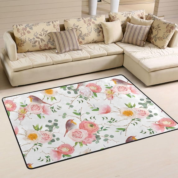 SKYSONIC 72x48in Bird Pink Flower Area Rug, Spring Rose Non-Slip Floor Carpet for Indoor Living Dining Room and Bedroom Area