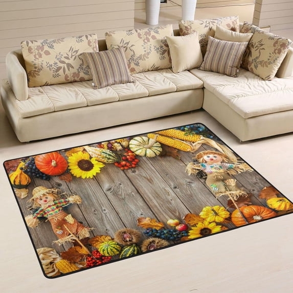SKYSONIC 72x48in Fall Thinksgiving Harvest Area Rug, Pumpkin Scarecrow Non-Slip Floor Carpet for Indoor Living Dining Room and Bedroom Area