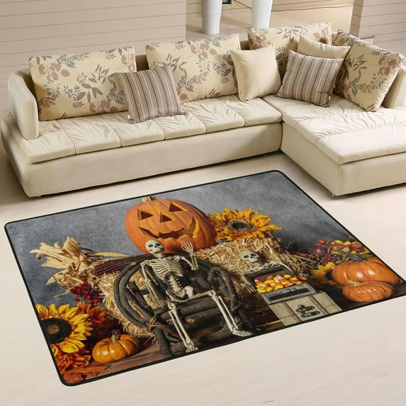SKYSONIC 72x48in Halloween Skeletons Area Rug, Fall Pumpkin Sunflower Non-Slip Floor Carpet for Indoor Living Dining Room and Bedroom Area