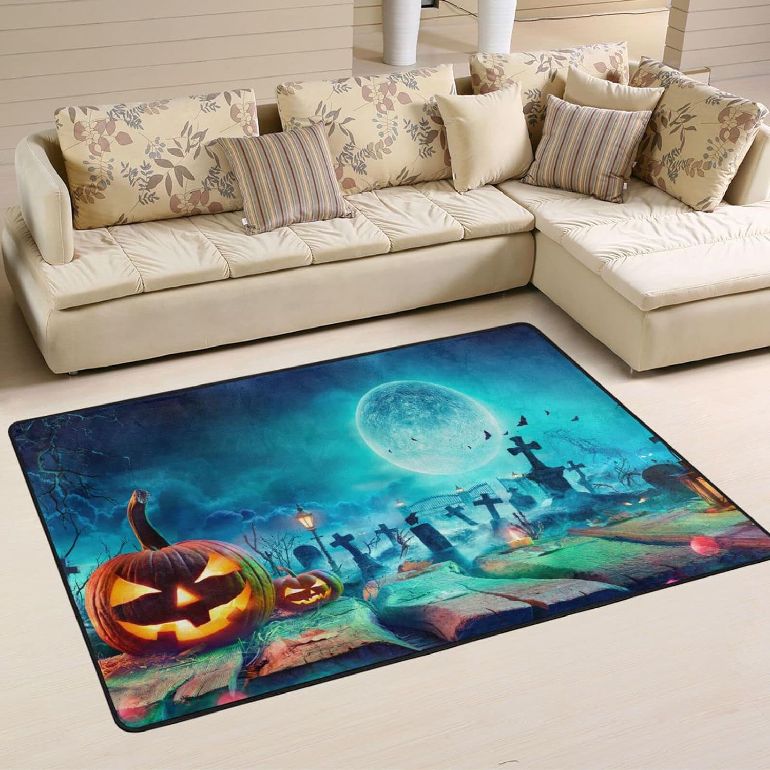 SKYSONIC 72x48in Jack O’ Lantern Graveyard Area Rug, Spooky Halloween ...
