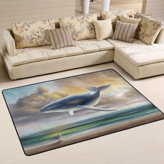 SKYSONIC 72x48in Magical Whale Bird Area Rug, Sea Sunset Non-Slip Floor Carpet for Indoor Living Dining Room and Bedroom Area
