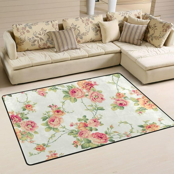 SKYSONIC 72x48in Spring Flower Floral Area Rug, Vintage Non-Slip Floor Carpet for Indoor Living Dining Room and Bedroom Area