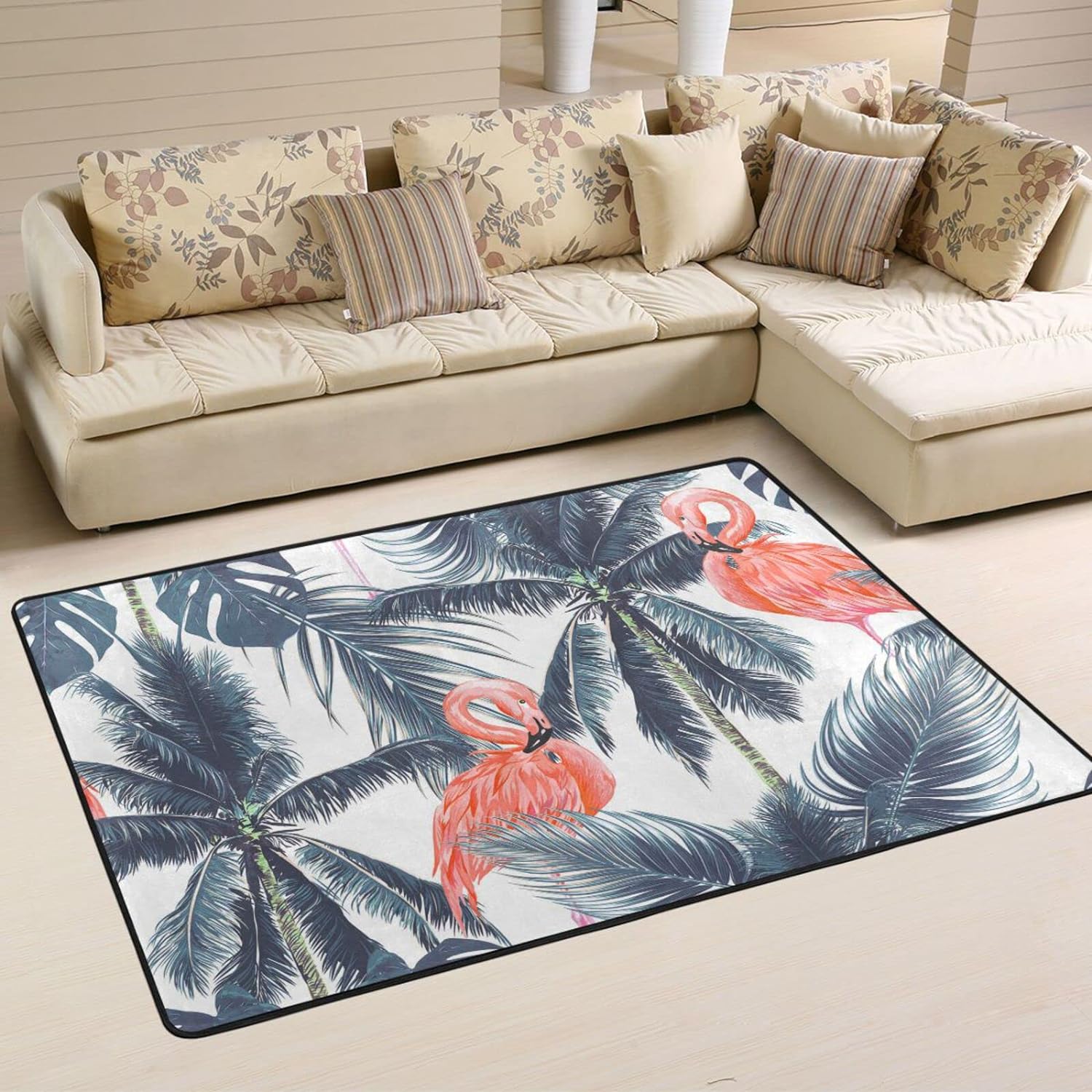 SKYSONIC 72x48in Summer Pink Flamingos Area Rug, Tropical Palm Leaves ...