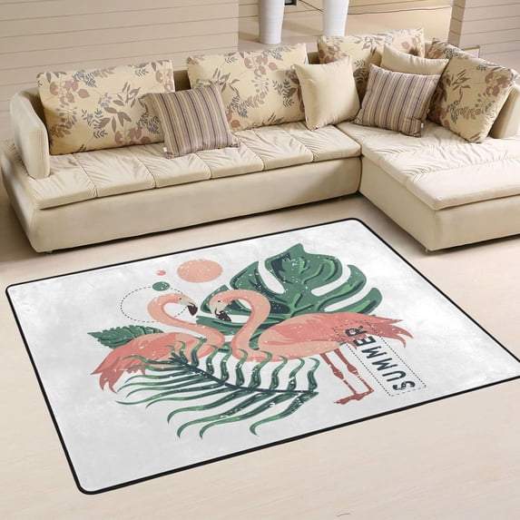 SKYSONIC 72x48in Summer Vintage Flamingo Area Rug, Tropical Palm Leaves Non-Slip Floor Carpet for Indoor Living Dining Room and Bedroom Area