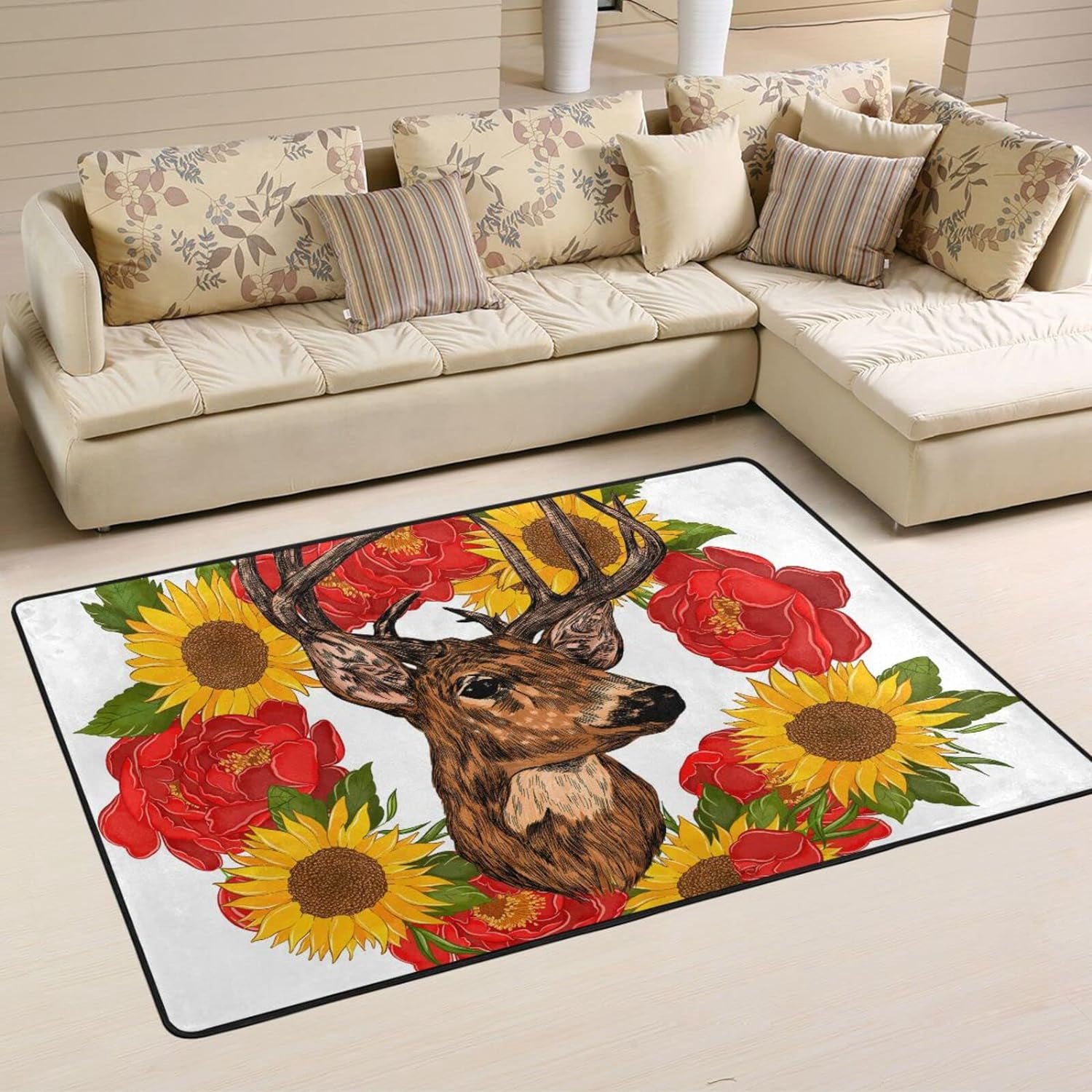 SKYSONIC 72x48in Sunflower Wreath Deer Head Area Rug, Non-Slip Floor ...