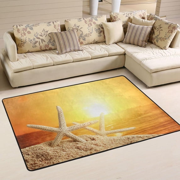 SKYSONIC 72x48in Tropical Starfish Sunrise Area Rug, Summer Ocean Water Non-Slip Floor Carpet for Indoor Living Dining Room and Bedroom Area