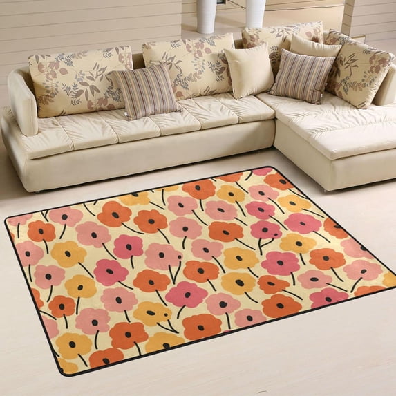 SKYSONIC 72x48in Watercolor Floral Area Rug, Spring Flowers Summer Non-Slip Floor Carpet for Indoor Living Dining Room and Bedroom Area