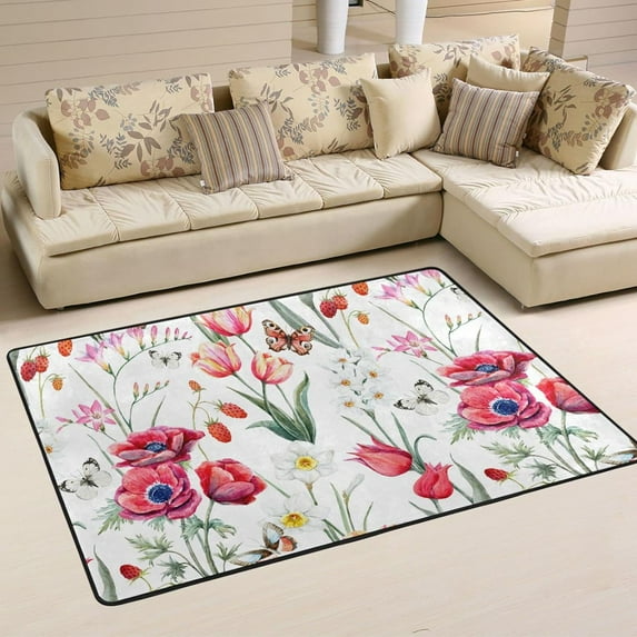 SKYSONIC 72x48in Watercolor Pink Flower Area Rug, Pink Tulip Floral Non-Slip Floor Carpet for Indoor Living Dining Room and Bedroom Area