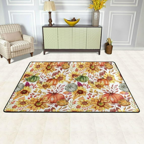 SKYSONIC 72x48in Watercolor Sunflowers Pumpkins Area Rug, Autumn Leaves Non-Slip Floor Carpet for Indoor Living Dining Room and Bedroom Area
