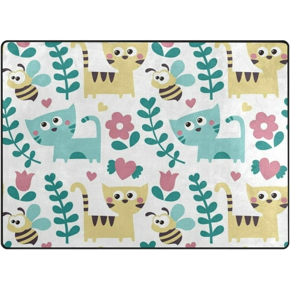 SKYSONIC 80x58 inches Lightweight Soft Area Rug Mat Indoor Floor Rugs Home Decoration for Kids Room Living Room Cue Cat Bee Flowers Pattern