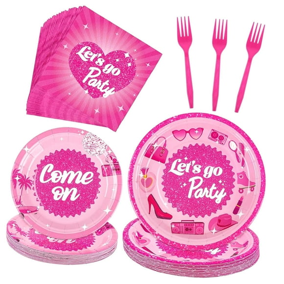 SKYSONIC 96-Piece Let's Go Party Supplies Kit, Serving 24 Guests, Includes Plates, Napkins, and Forks, Perfect for Birthday, Bachelorette, and Disco Themed Decorations
