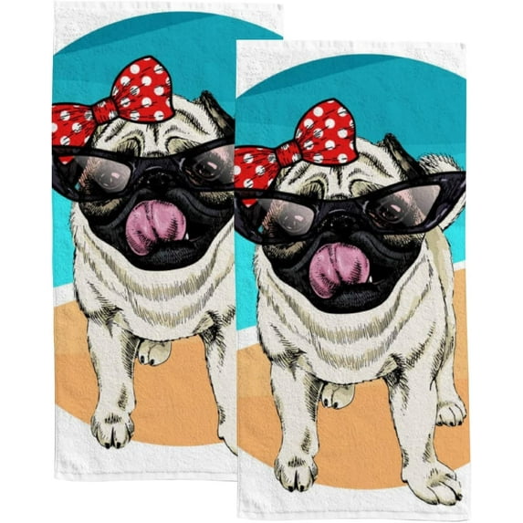 SKYSONIC Absorbent Face Bath Towels Set of 2 Pcs Pug Dog on Beach Fingertip Hand Towels for Bathroom Kitchen 30"x15"