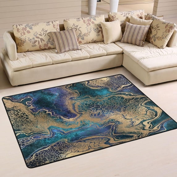 SKYSONIC Abstract Golden Marble Non-Slip Area Rug, Unique Vortex Floor Carpet Comfort Floor Mats Decor for Indoor Front Porch Living Room Bedroom Kitchen, 36"x24"