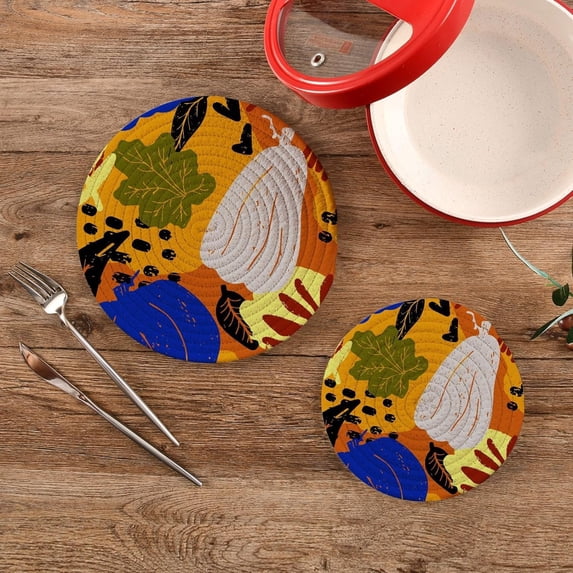 SKYSONIC Abstract Pumpkin Trivet Pot Holders Pads, Set of 2 Autumn Pot Holder Heat Resistant Trivets Cotton Thread Weave Mats Kitchen Table Decor