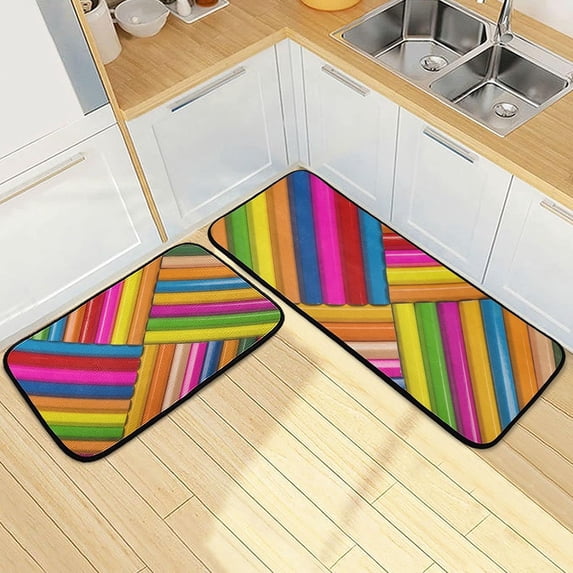 SKYSONIC Abstract Wooden Colour Pencils Kitchen Mats Set of 2 Anti Fatigue Floor Runner Rug Non Slip Comfort Mat 19.7x27.6 Inch + 19.7x47.2 Inch for Living Room Laundry Room Hallway
