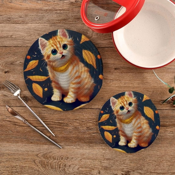 SKYSONIC Adorable Kitten Cat Trivet Pot Holders Pads, Set of 2 Leaves Autumn Pot Holder Heat Resistant Trivets Cotton Thread Weave Mats Kitchen Table Decor