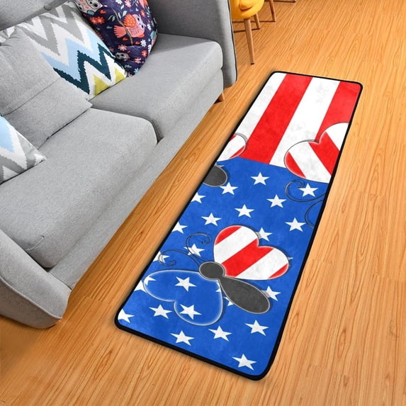 SKYSONIC American Flag Butterfly Runner Rug with Rubber Backing, 4th of July Non Slip Entryway Rug Runner Washable Soft Area Rug Carpet for Hallway Bedroom Kitchen Decor,2'x6'