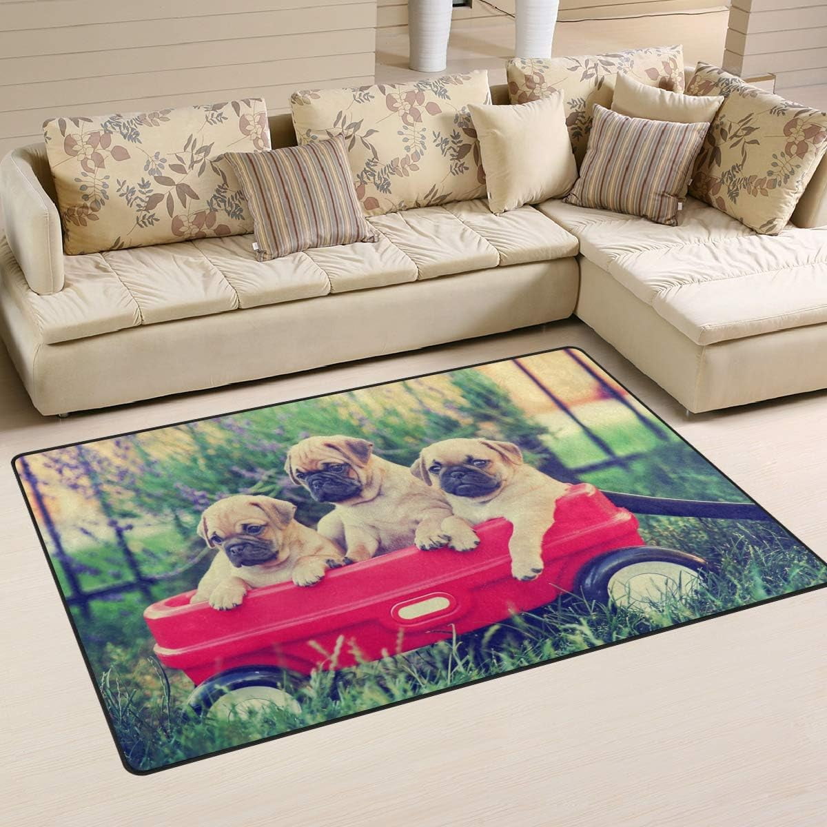 SKYSONIC Area Rug Carpet Pug Chihuahuas in Red Wagon Nursery Rug Floor ...