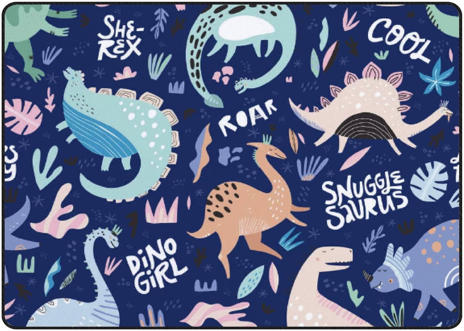 SKYSONIC Area Rug Cute Dinosaurs with Letters Leaves Nursery Rug Floor Mat Kids Playing Mat 7' x
