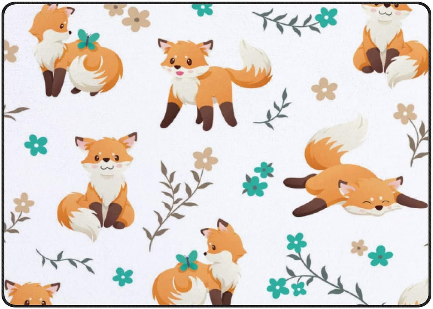 SKYSONIC Area Rug Cute Fox Butterfly and Flowers Nursery Rug Floor Mat ...