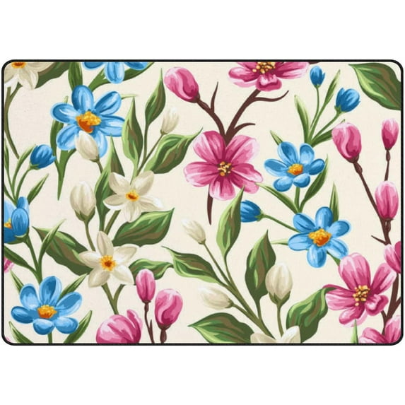 SKYSONIC Area Rug Floral Spring Pink Beige and Blue Flowers Nursery Rug Floor Mat Kids Playing Mat for Living Room Bedroom, 63x48 in