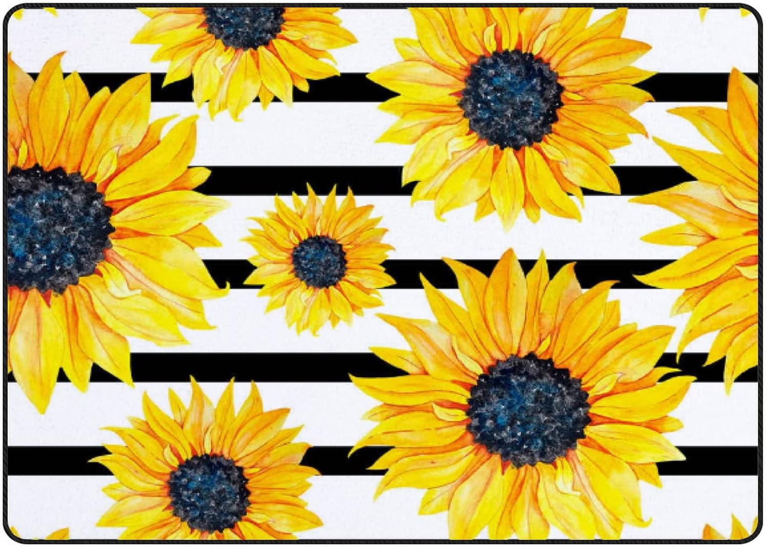 SKYSONIC Area Rug Sunflowers on a Striped Black and White Nursery Rug