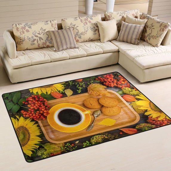 SKYSONIC Autumn Coffee Cookies Area Rug,72x48in Fall Sunflower Berries Non-Slip Floor Carpet Comfort Floor Mats Decor for Indoor Living Dining Room and Bedroom Area