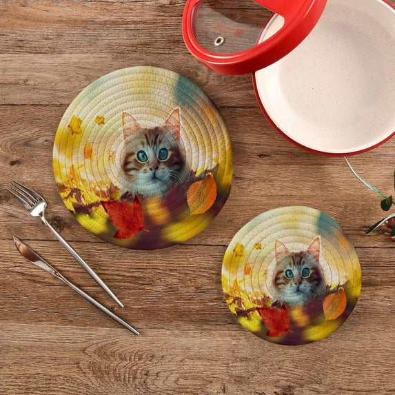 SKYSONIC Autumn Forest Cat Trivet Pot Holders Pads, Set of 2 Pot Holder Heat Resistant Trivets Cotton Thread Weave Mats Kitchen Table Decor
