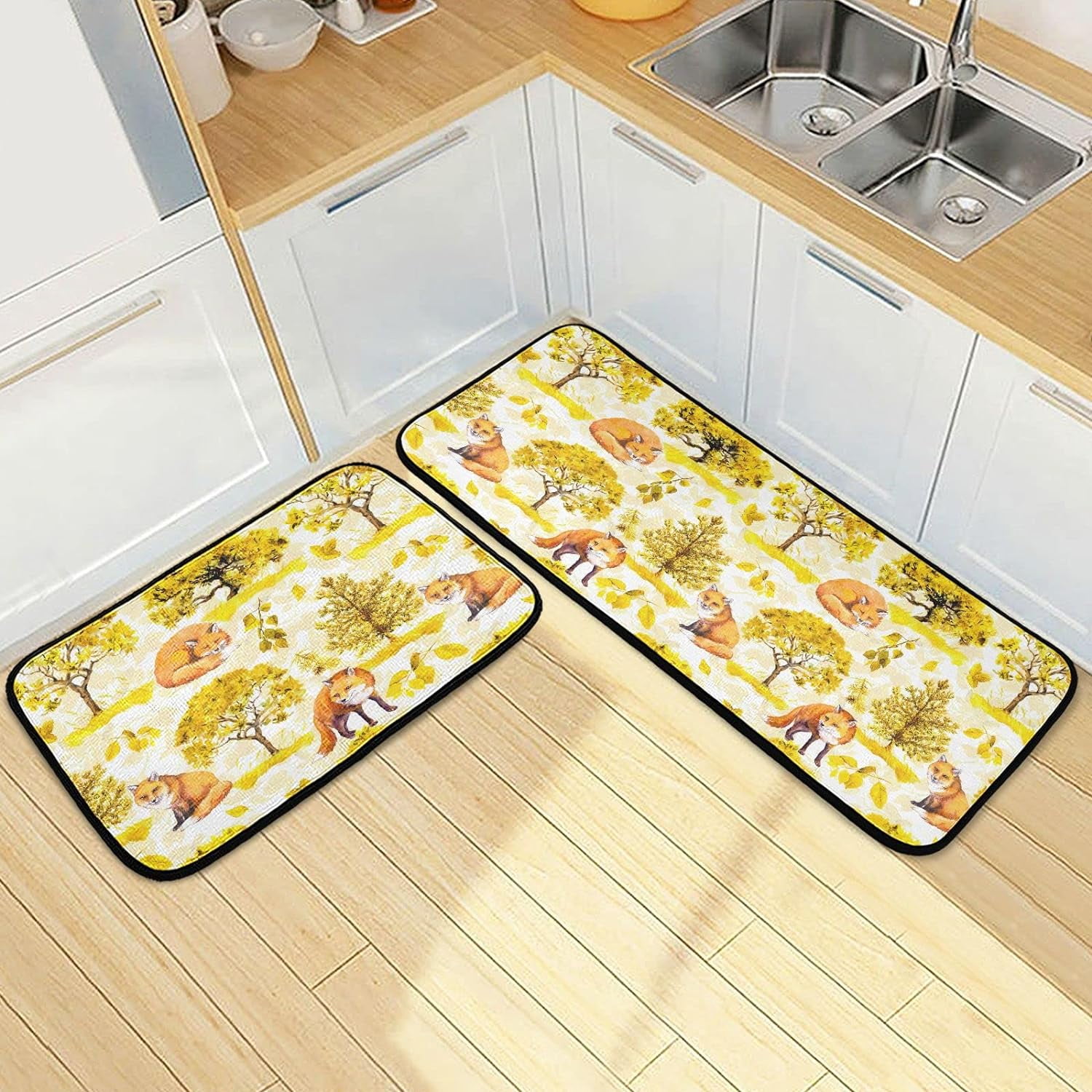 SKYSONIC Autumn Fox Trees Kitchen Rugs Set of 2, Yellow Maple Leaves ...