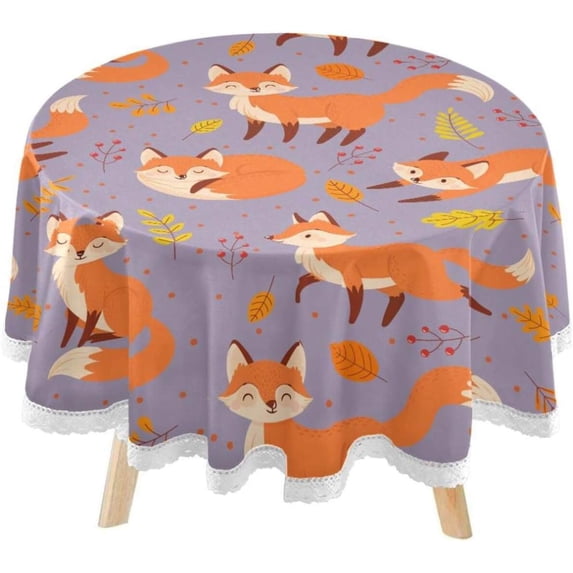 SKYSONIC Autumn Foxes Pattern Round Tablecloth 60inch Indoor Wrinkle Free, Fall Leaves Circular Lace Table Cover Washable for Kitchen Party BBQ Dining Decor
