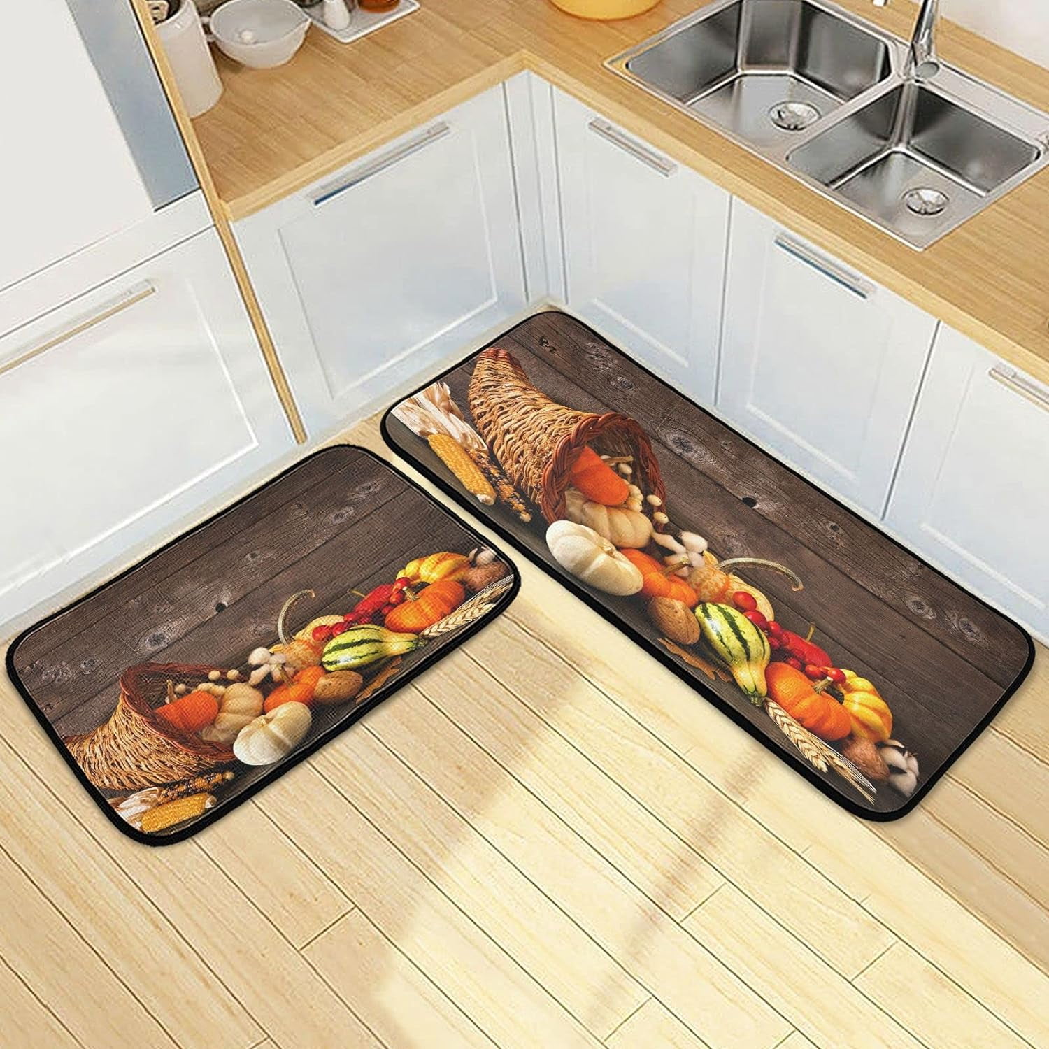 SKYSONIC Autumn Harvest Rustic Wood Kitchen Rugs Set of 2, Thanksgiving ...