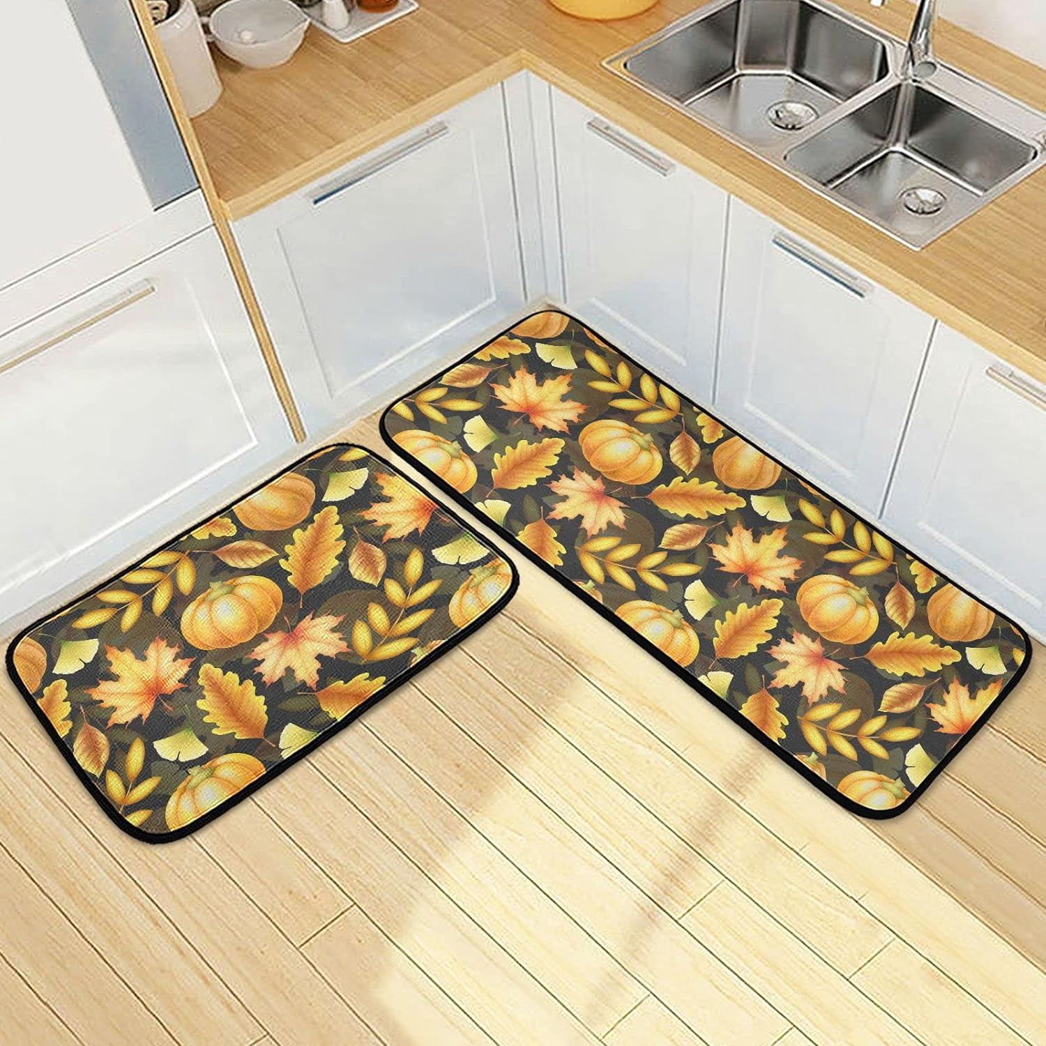 SKYSONIC Autumn Leaves Pumpkins Kitchen Rugs Set of 2, Hand Drawn Fall ...