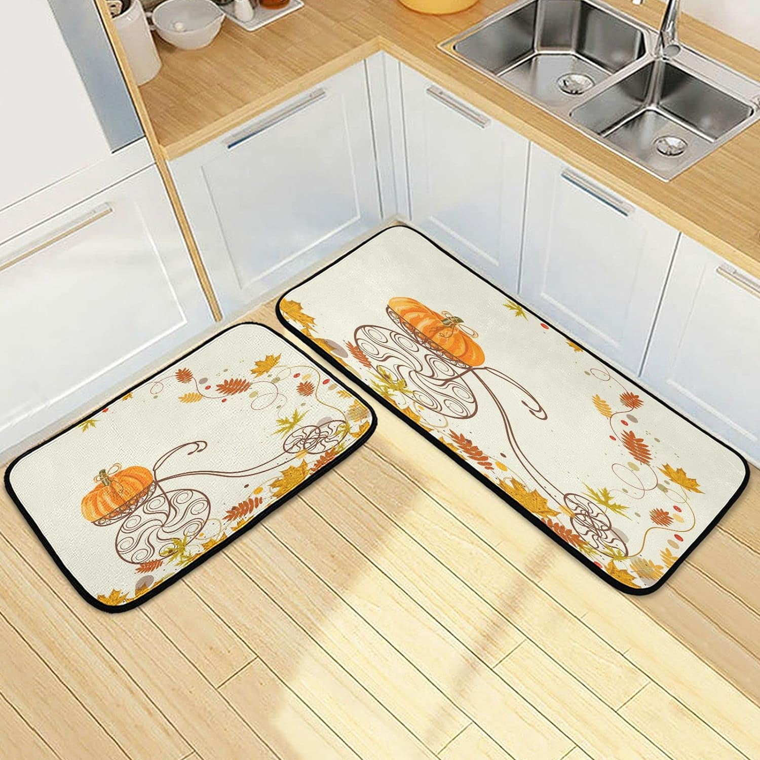 SKYSONIC Autumn Pumpkin Bicycle Kitchen Rugs Set of 2, Vintage Maple ...