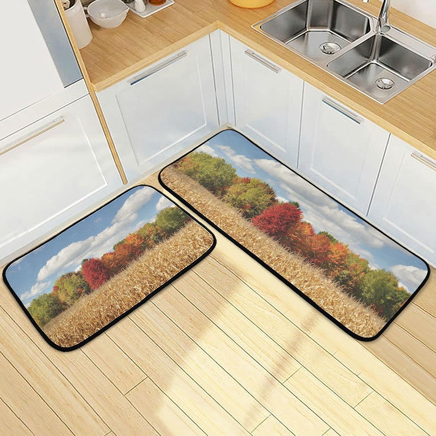 SKYSONIC Autumn Tree Cornfield Kitchen Rugs 2 Pieces, Farm Field Fall ...