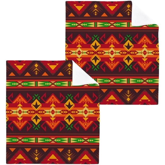 SKYSONIC Aztec Washcloths Set of 2, Highly Absorbent Soft Cotton Fingertip Towels for Bathroom, Kitchen, Gym, Spa, Home Decor 12 x 12 Inch