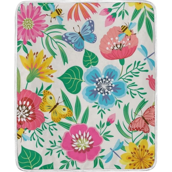 SKYSONIC Baby Kids Cozy Warm Throw Thermal Soft Bed Blanket 50x60 in Bright Floral Butterfly Flowers Flannel Fleece Blanket