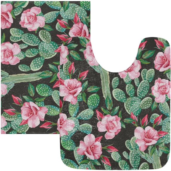 SKYSONIC Bath Mats Toiletry Mat, Fluffy Plush Absorbent Bath Rugs Carpet with Non Slip Bottom for Bathroom Floor Toilet Tub and Shower,23.6"x15.7"+17.3"x13.4"-Blossom Cactus