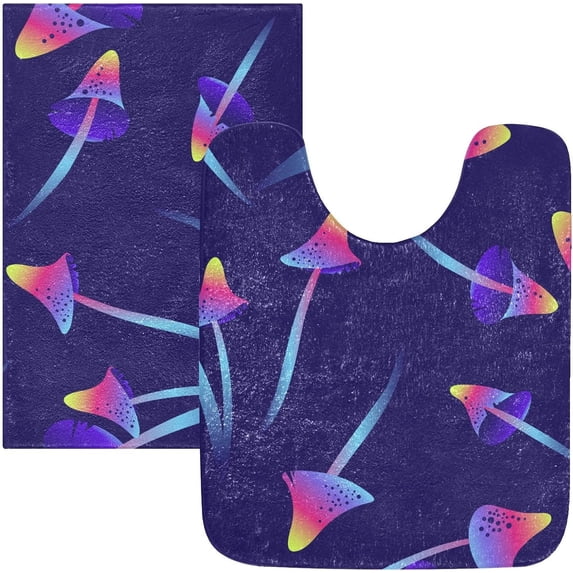 SKYSONIC Bath Mats Toiletry Mat, Fluffy Plush Absorbent Bath Rugs Carpet with Non Slip Bottom for Bathroom Floor Toilet Tub and Shower,23.6"x15.7"+17.3"x13.4"-Neon Mushroom Purple