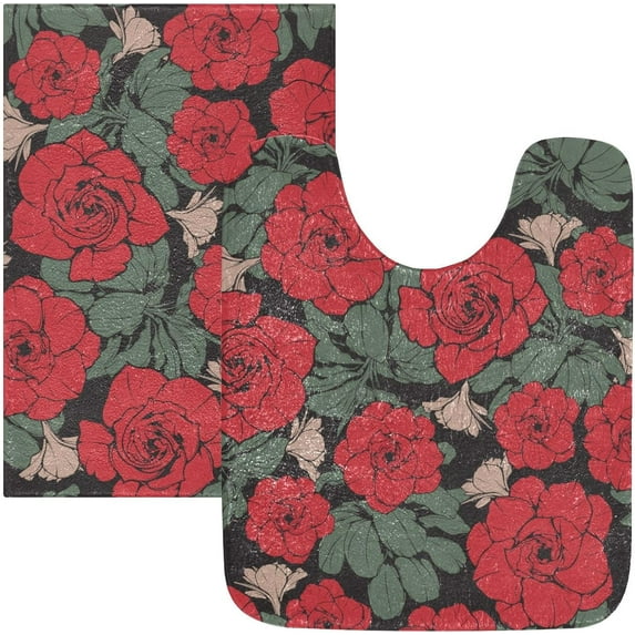 SKYSONIC Bath Mats Toiletry Mat, Fluffy Plush Absorbent Bath Rugs Carpet with Non Slip Bottom for Bathroom Floor Toilet Tub and Shower-Vintage Red Rose