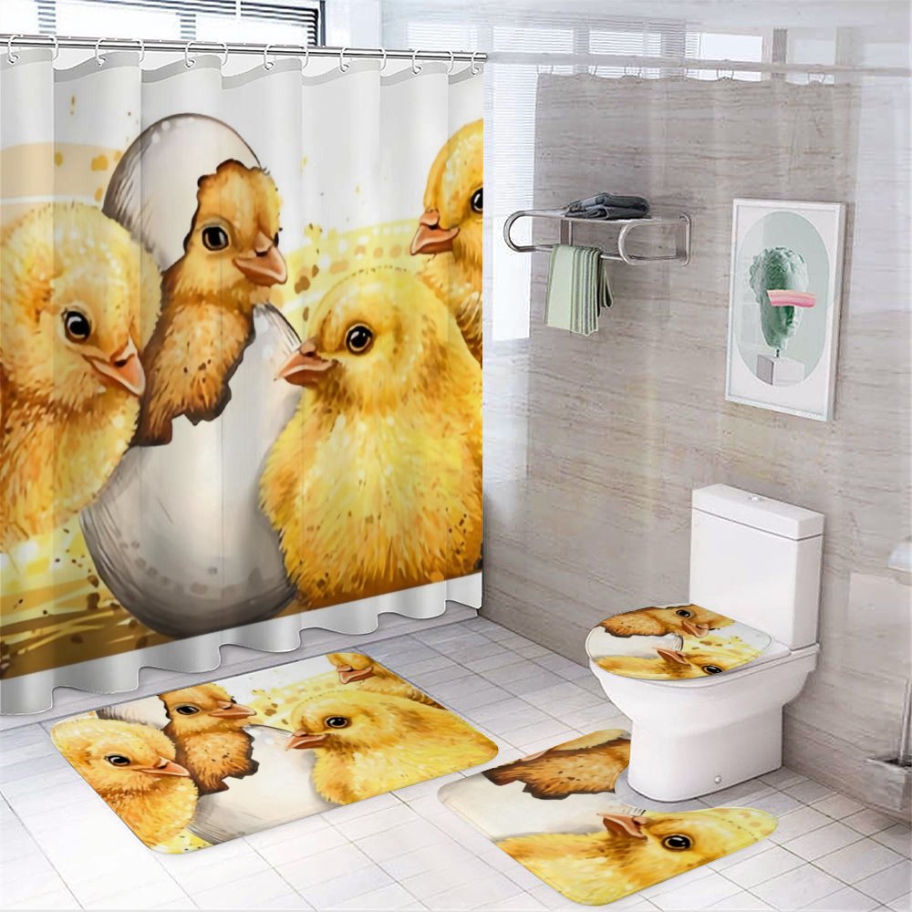 SKYSONIC Bathroom 4 Pieces Set Shower Curtain,Little Yellow Chickens