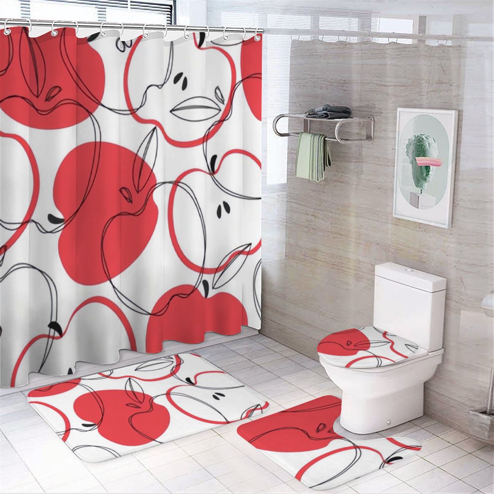 SKYSONIC Bathroom 4 Pieces Set Shower Curtain,Red Apple Line,Toilet Lid