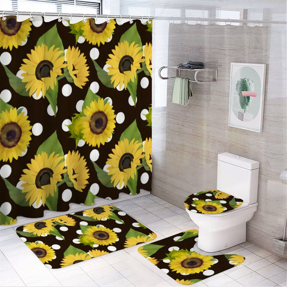 SKYSONIC Bathroom 4 Pieces Set Shower Curtain,Sunflowers,Toilet Lid
