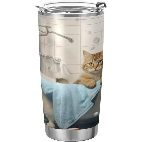 SKYSONIC Bathroom Cat Tumbler Stainless Steel Double Wall Vacuum Reusable Insulated Mug with Straw and Built-in Coaste for Cold and Hot Beverages, 12oz