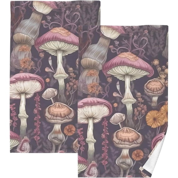 SKYSONIC Bathroom Hand Towels 2 PCS Magic Purple Mushroom Print, Cotton Bath Towels Lightweight Quickdry for Bathroom Ktichen Travel Gym, 16"×28"