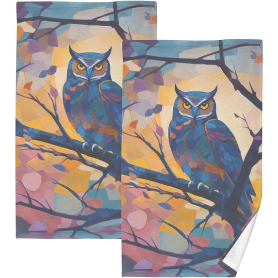 SKYSONIC Bathroom Hand Towels 2 Pack, Pastel Owl, Cotton Bath Towels Lightweight Quickdry for Bathroom Ktichen Travel Gym, 16"×28"