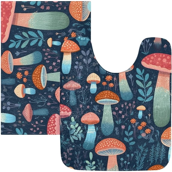 SKYSONIC Bathroom Rug Toiletry Mat Set, 2 pack Cartoon Bunch Mushroom Print, Fluffy Plush Absorbent Bath Rugs Carpet for Bathroom Floor Toilet Tub and Shower,23.6"x15.7"+17.3"x13.4"