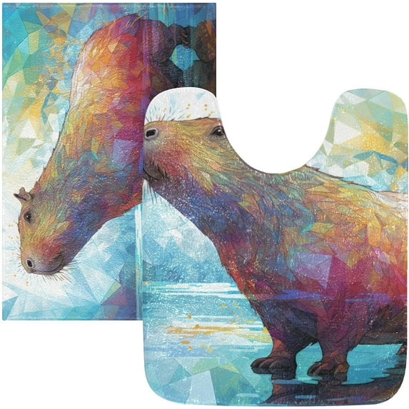 SKYSONIC Bathroom Rug Toiletry Mat Set, 2 pack Geometric Capybara Print, Fluffy Plush Absorbent Bath Rugs Carpet for Bathroom Floor Toilet Tub and Shower,23.6"x15.7"+17.3"x13.4"